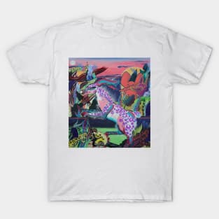 Steep sweg white rabbit. Elephant and wolf. Bright landscape T-Shirt